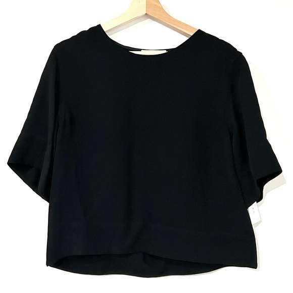 NWT Sandro Crepe Short Sleeve Blouse Noir 3 L - Picture 1 of 4